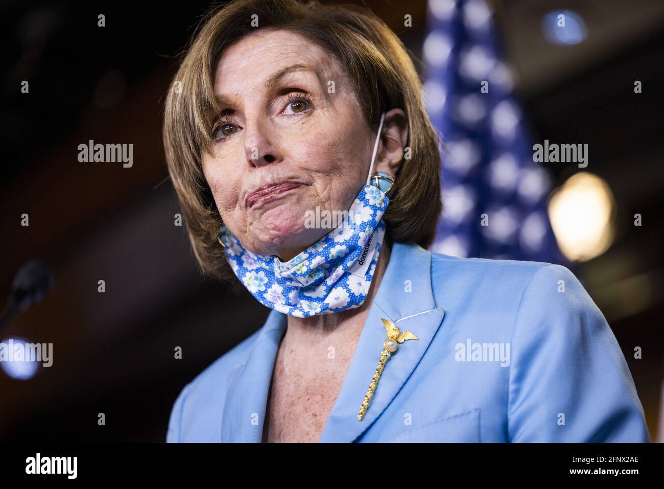 Washington, United States. 19th May, 2021. Speaker of the House Nancy Pelosi speaks at a news conference on the Democrats push for a bipartisan 9/11-style commission to investigate the January 6th attack on the US Capitol inside the US Capitol in Washington, DC on Wednesday, May 19, 2021. Pool photo by Jim Lo Scalzo/UPI Credit: UPI/Alamy Live News Stock Photo