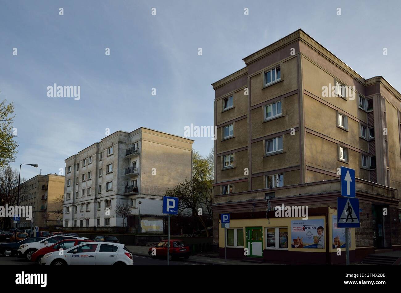 Residential buildings of Muranow neighbourhood, former Warsaw Ghetto area, Warsaw, Poland Stock Photo