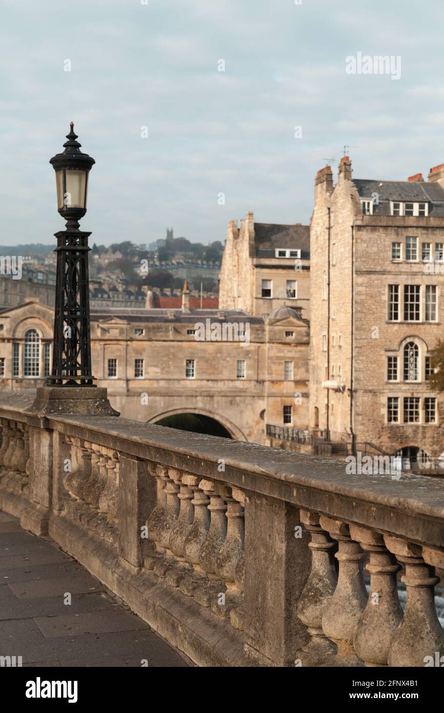 Grand Parade view with vintage street light and stone railings. Bath, Somerset. United Kingdom. The city became a World Heritage Site in 1987 Stock Photo