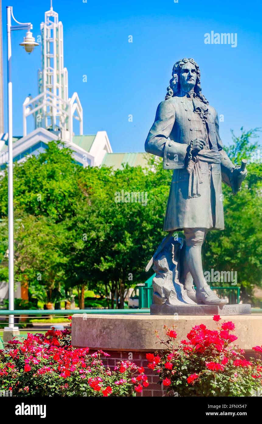 A statue of Pierre Le Moyne d'Iberville faces the Port of Mobile in Cooper Riverside Park, May 14, 2021, in Mobile, Alabama. Stock Photo