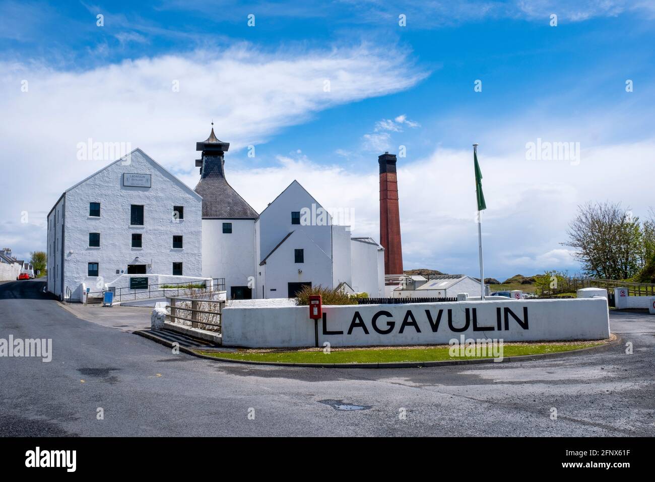 External view of the Lagavulin Distillery, Islay, Scotland. Lagavulin is distillery is owned by Diageo. Stock Photo