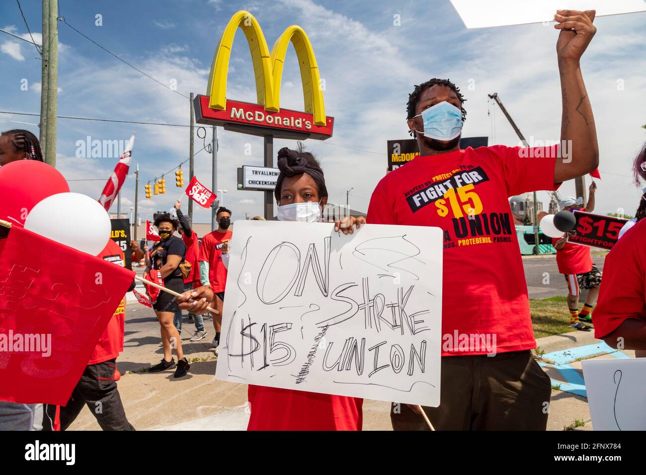 Detroit, Michigan, USA. 19th May, 2021. Fast food workers rally at a McDonald's restaurant for a $15 minimum wage. It was part of a one-day strike against McDonald's in 15 cities. Credit: Jim West/Alamy Live News Stock Photo