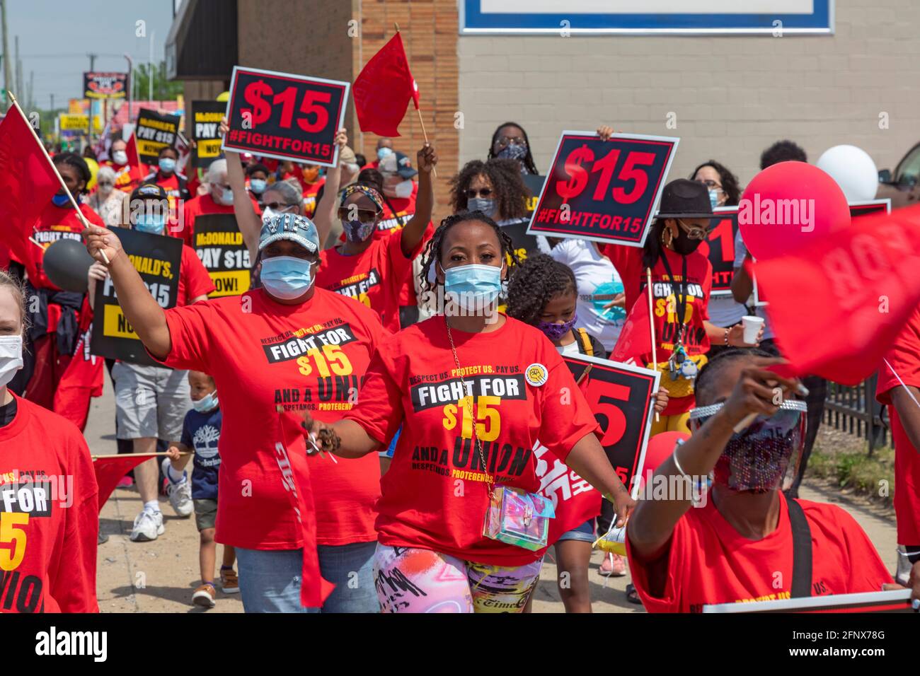 Detroit, Michigan, USA. 19th May, 2021. Fast food workers rally at a McDonald's restaurant for a $15 minimum wage. It was part of a one-day strike against McDonald's in 15 cities. Credit: Jim West/Alamy Live News Stock Photo