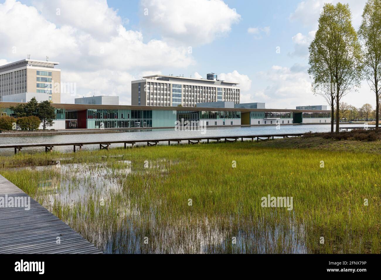 Eindhoven, The Netherlands, May 3rd 2021. High Tech Campus exterior buildings with the Philips headquarters, a lake and greenery on a sunny day during Stock Photo