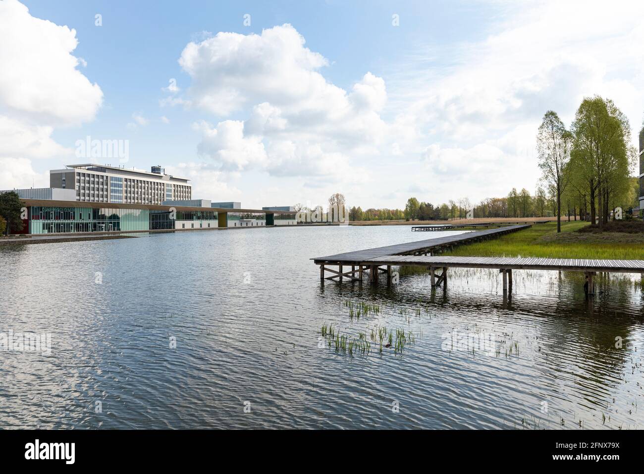 Eindhoven, The Netherlands, May 3rd 2021. The High Tech Campus, exterior buildings with the Philips headquarters, a lake and greenery on a sunny day d Stock Photo