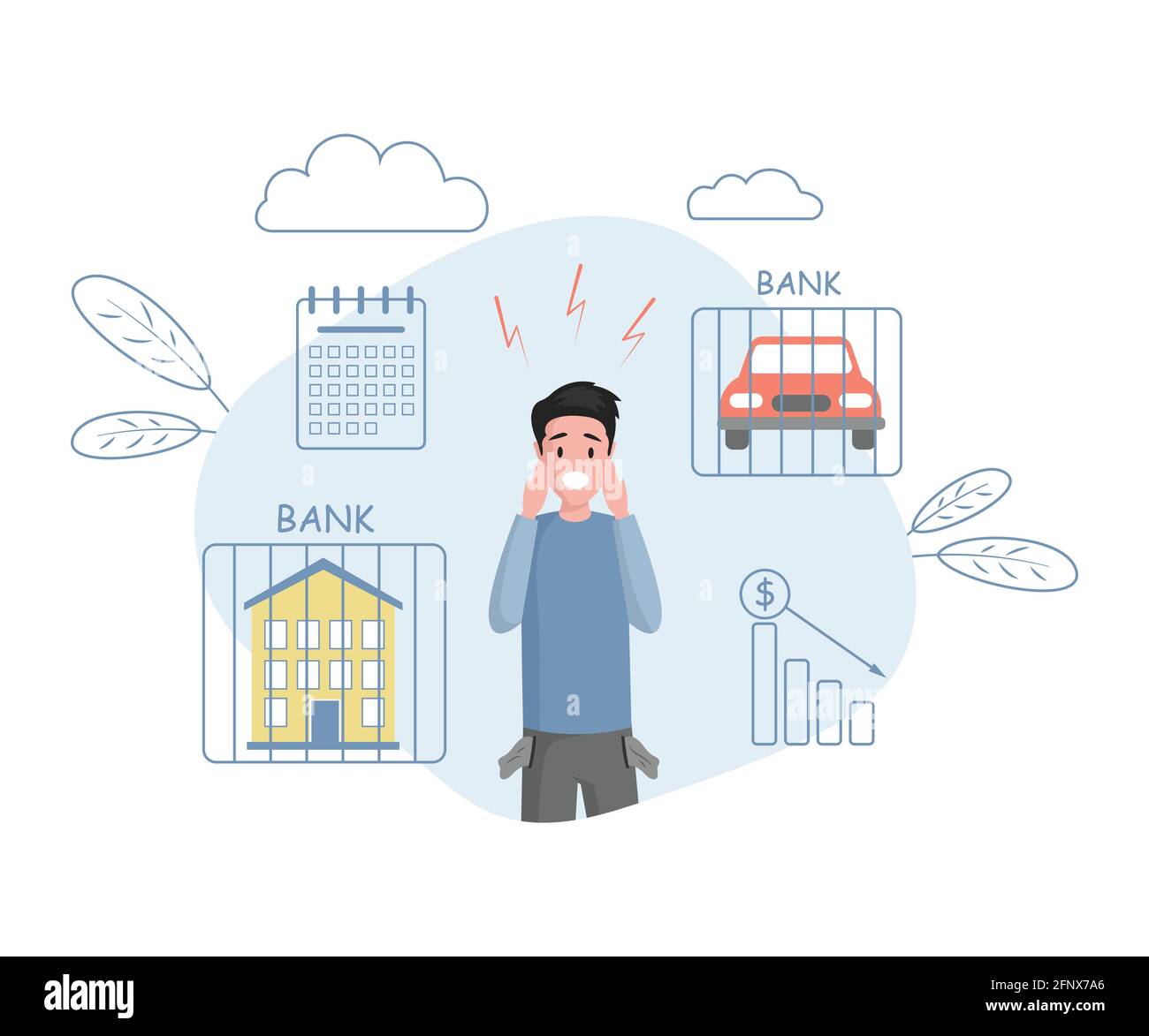 Bankruptcy vector flat illustration. Young man with empty pockets ...