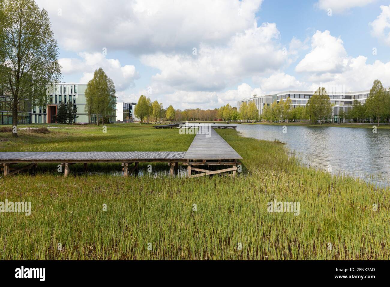 Eindhoven, The Netherlands, May 3rd 2021. High Tech Campus exterior buildings with the Philips headquarters, a lake, a path and greenery on a sunny da Stock Photo