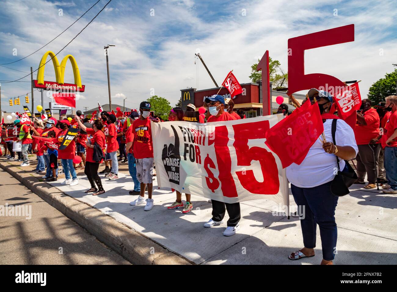 Detroit, Michigan, USA. 19th May, 2021. Fast food workers rally at a McDonald's restaurant for a $15 minimum wage. It was part of a one-day strike against McDonald's in 15 cities. Credit: Jim West/Alamy Live News Stock Photo
