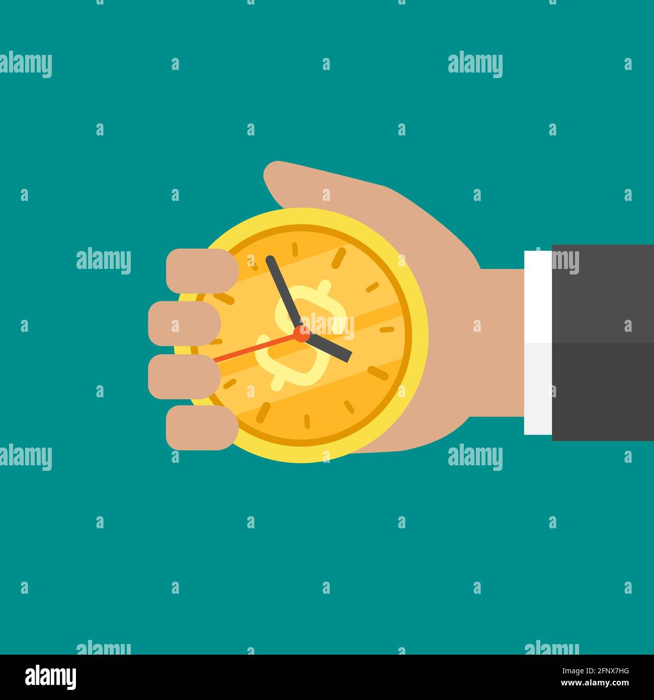 Hand holding a golden watch with dollar sign isolated on turquoise ...