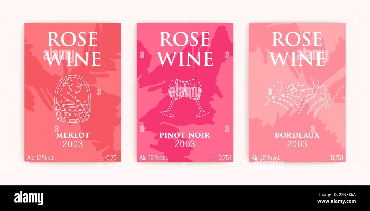 Wine label design. Three saturated rose shades. Minimalistic composition of liquid splash spots. Contemporary outline art. Vector templates Stock Vector