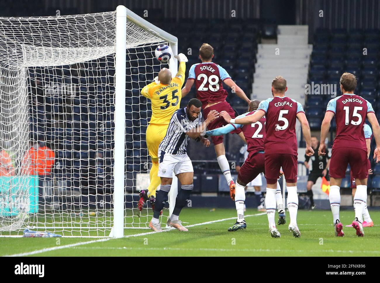 West Bromwich Albion's Matheus Pereira scores their side's first goal of the game from a corner during the Premier League match at The Hawthorns, West Bromwich. Picture date: Wednesday May 19, 2021. Stock Photo