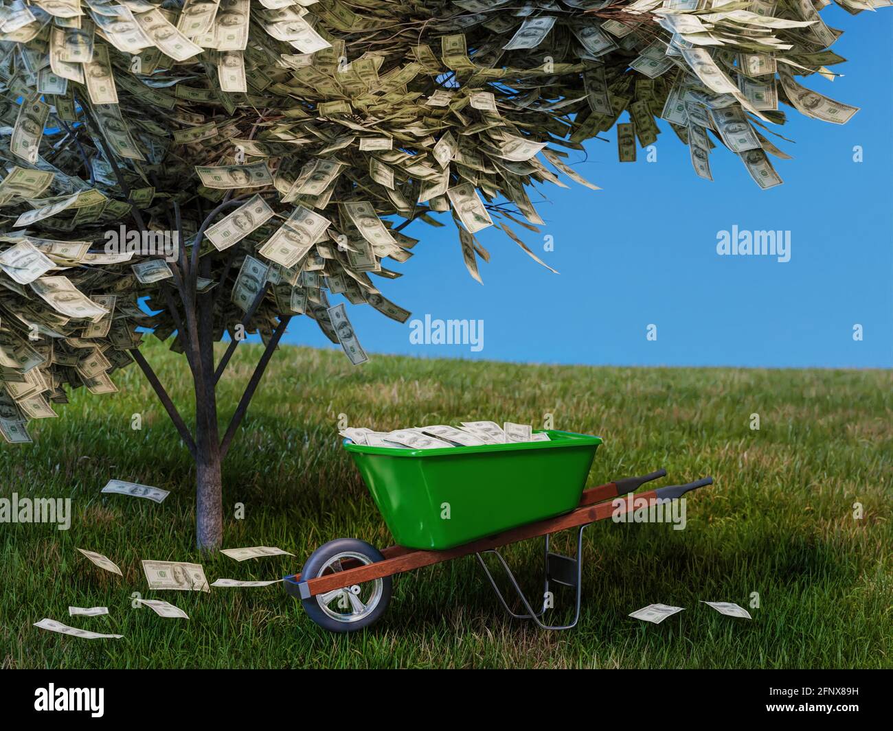 3D rendering of green wheelbarrow filled with 100 US dollar banknotes collected from money tree growing on a grassy meadow Stock Photo