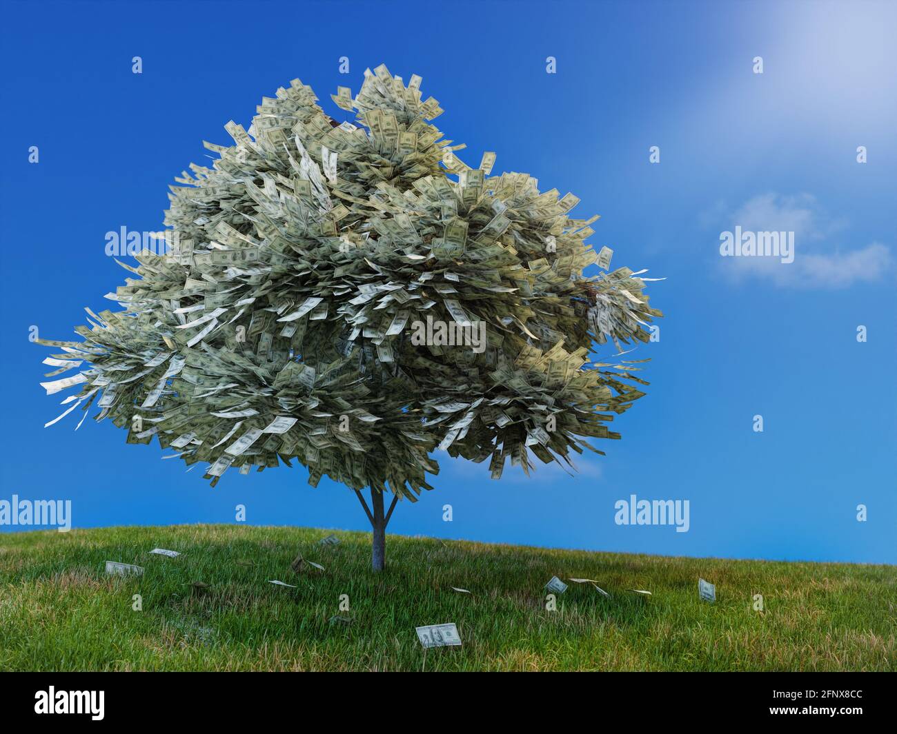 3D rendering of 100 US dollar banknotes tree growing on a grassy hillock Stock Photo
