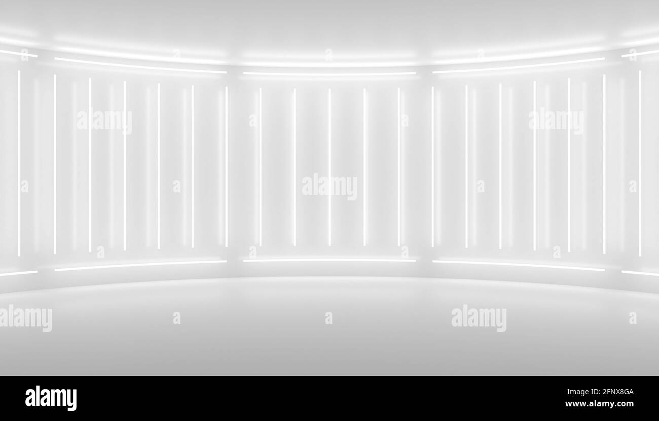 White minimalistic abstract 3d background. Neon light from lamps on the walls of the circular stage. 3d illustration. Stock Photo