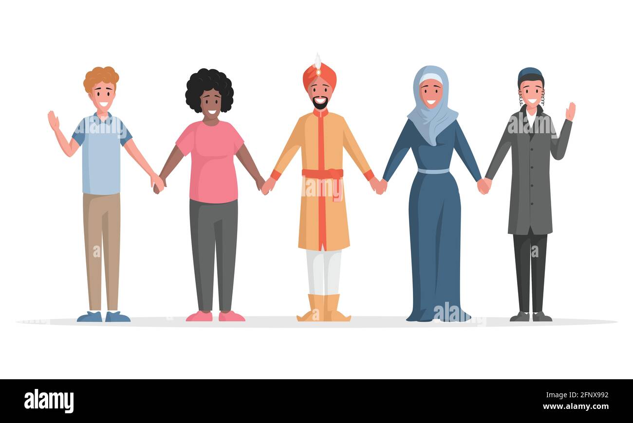 Group of multiethnic people vector flat illustration. Diverse people standing together. International friendship, multiracial and multicultural unity concept. Diversity and social togetherness. Stock Vector