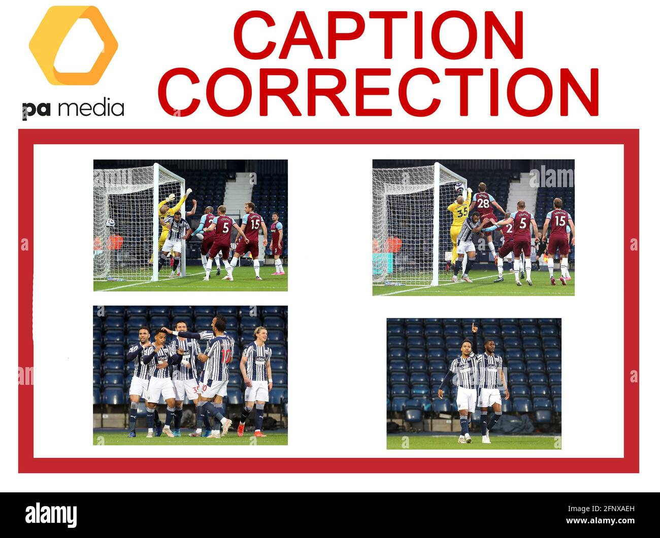 ATTENTION PICTURE EDITORS, CHIEF SUBS AND PICTURE LIBRARIANS: Caption correction for these images transmitted on the PA Wire earlier today slugged SOCCER West Brom amending the goalscorer from an Own goal scored by West Ham United's Tomas Soucek to West Bromwich Albion's Matheus Pereira scoring their side's first goal of the game. Corrected caption should read: West Bromwich Albion's Matheus Pereira celebrates scoring their side's first goal of the game with team-mates during the Premier League match at The Hawthorns, West Bromwich. Picture date: Wednesday May 19, 2021. Stock Photo