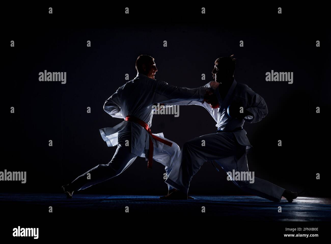 Karate martial arts. Fighters training karate moves against dark background  Stock Photo - Alamy