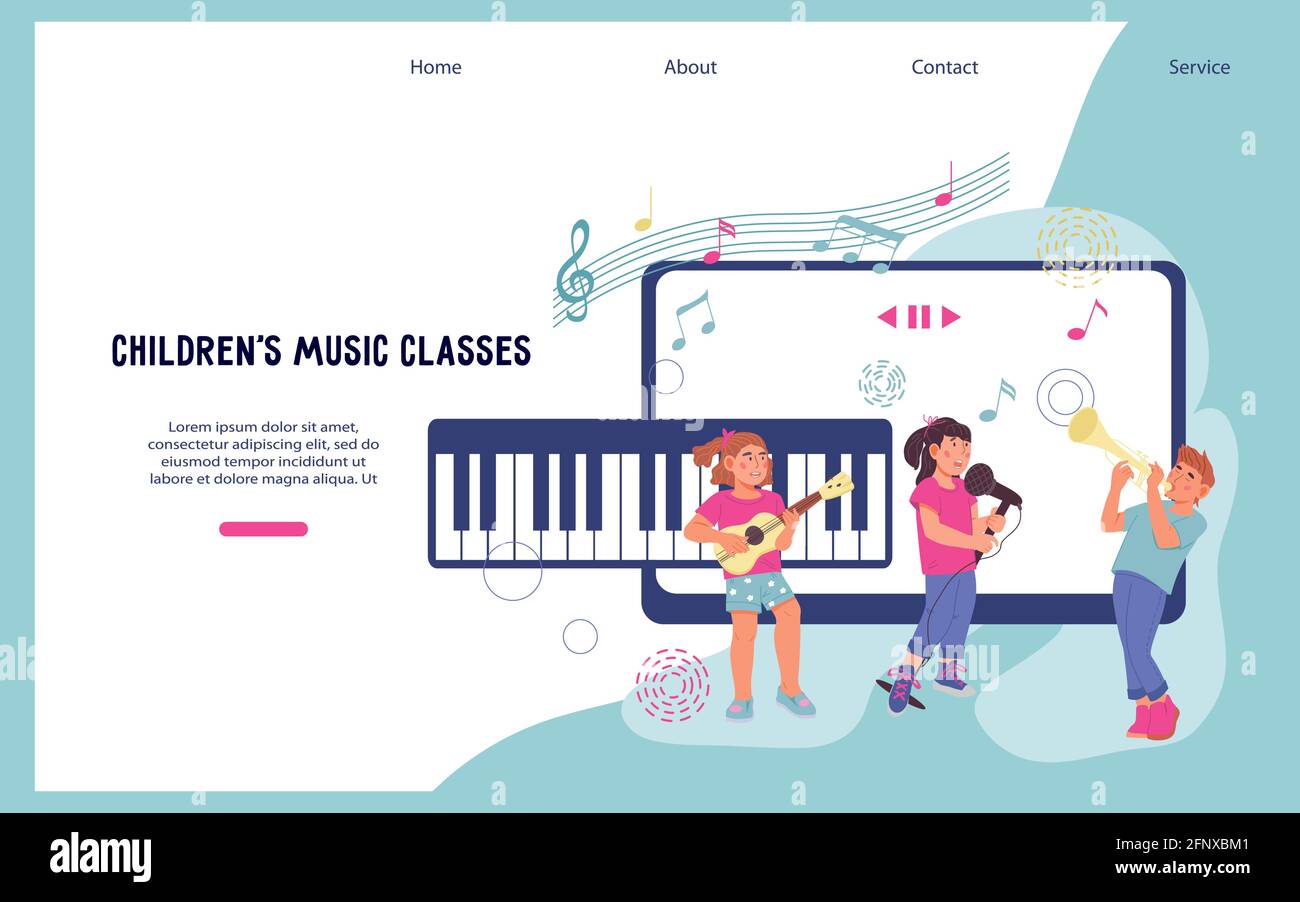 Online musical education for children website template. Video tutorials