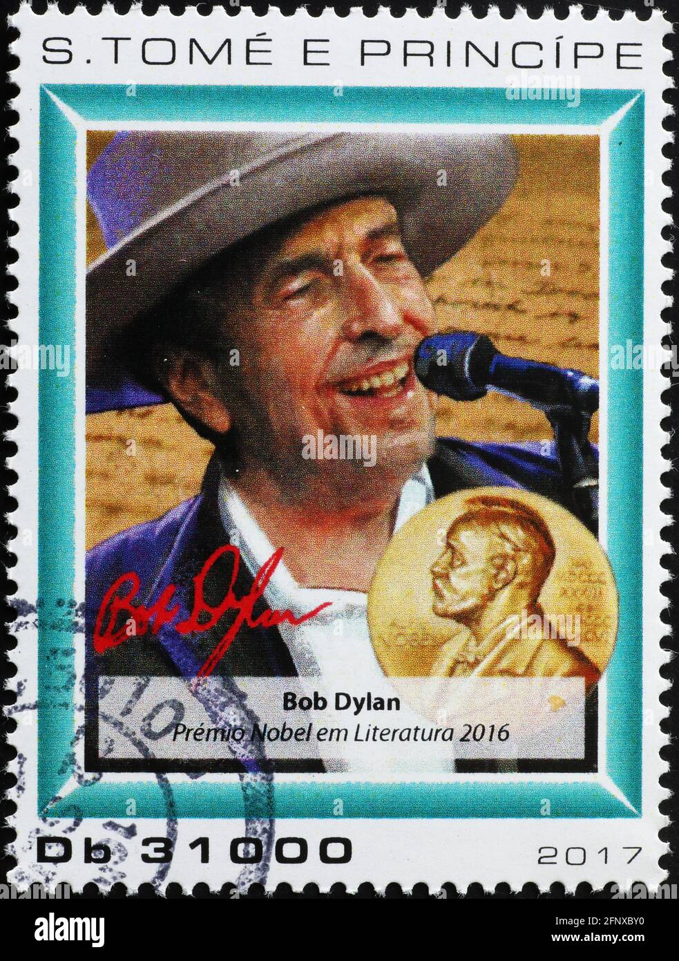 Nobel prize Bob Dylan on postage stamp Stock Photo