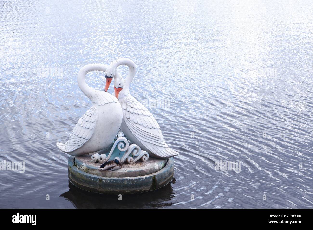 A sculpture in the form of two white swans as a symbol of eternal love and devotion. Stock Photo