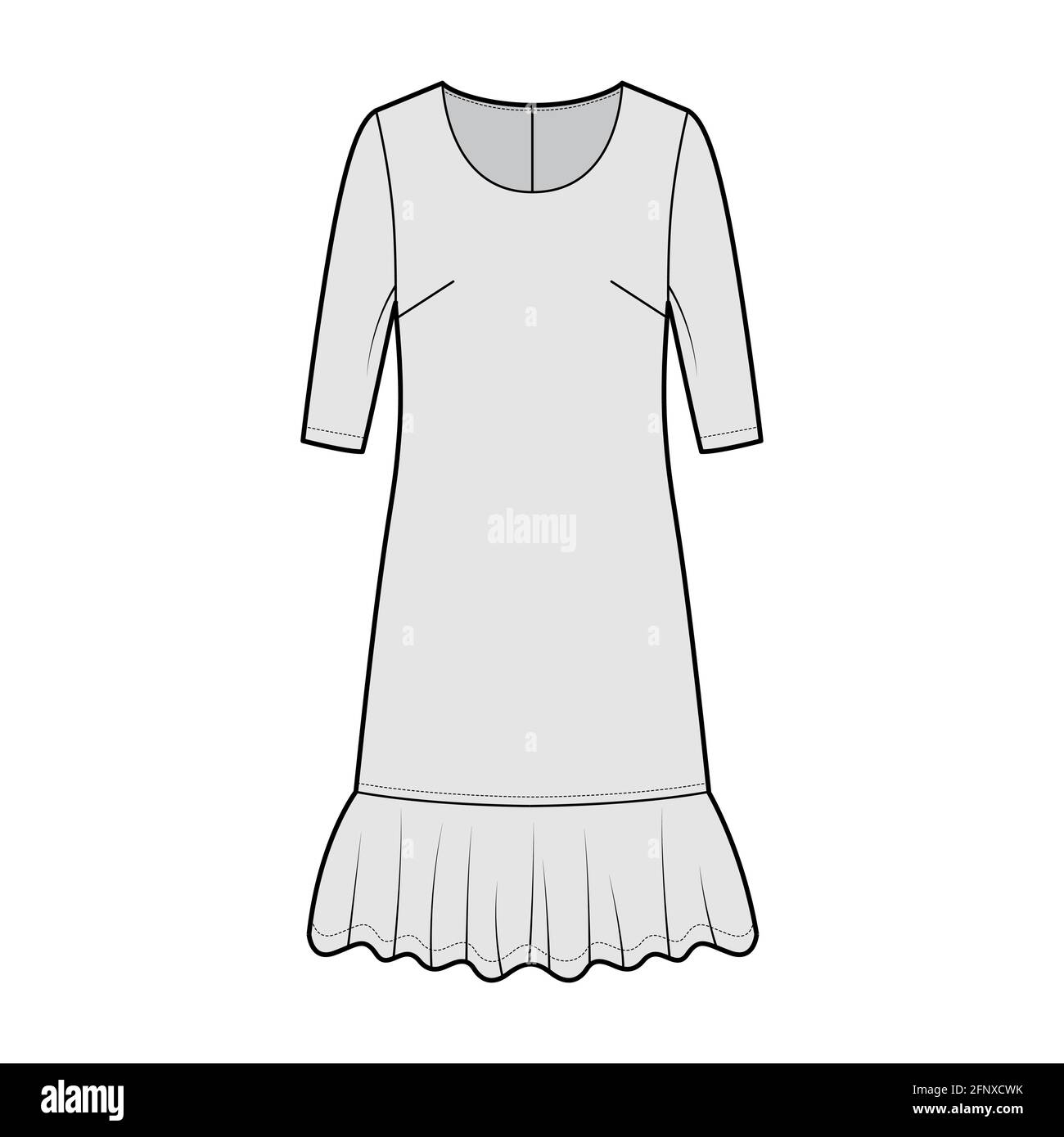 Dress dropped waist technical fashion illustration with elbow sleeves,  oversized body, knee length skirt, round neck. Flat apparel front, grey  color style. Women, men unisex CAD mockup Stock Vector Image & Art -