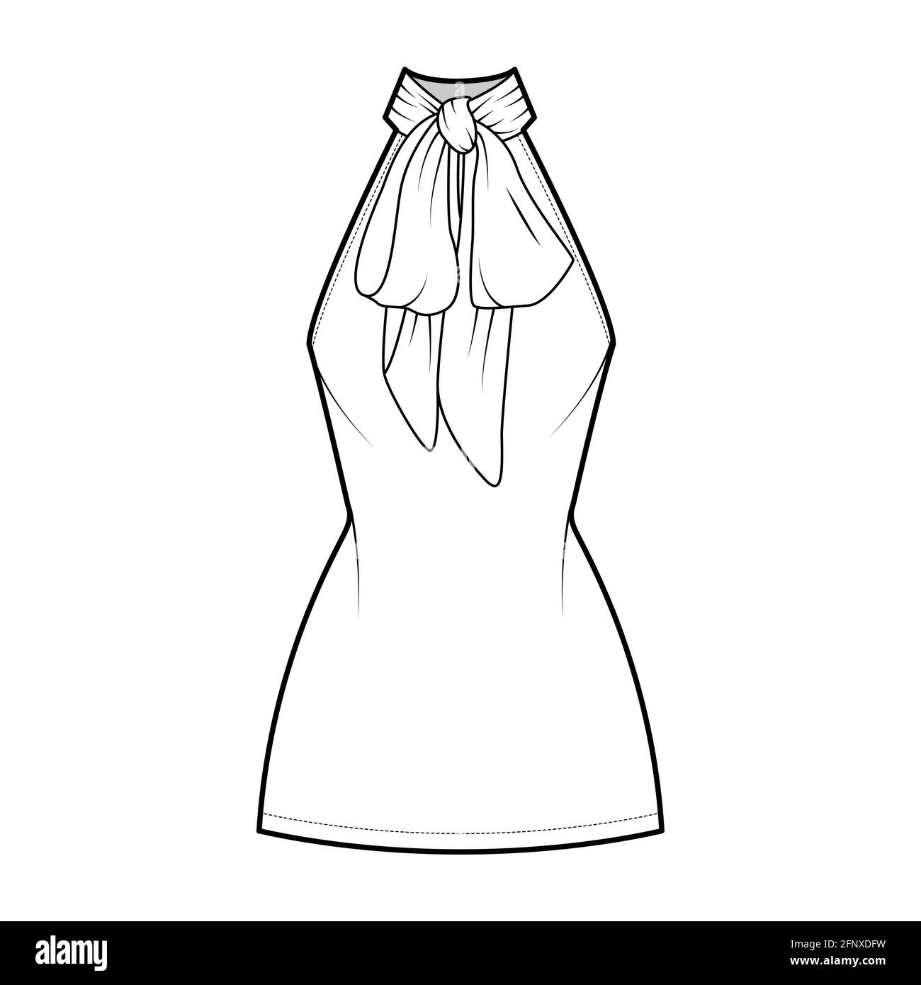 Dress neck bow technical fashion illustration with high halter neckline,  sleeveless, fitted body, mini length pencil skirt. Flat apparel front,  white color style. Women, men unisex CAD mockup Stock Vector Image &