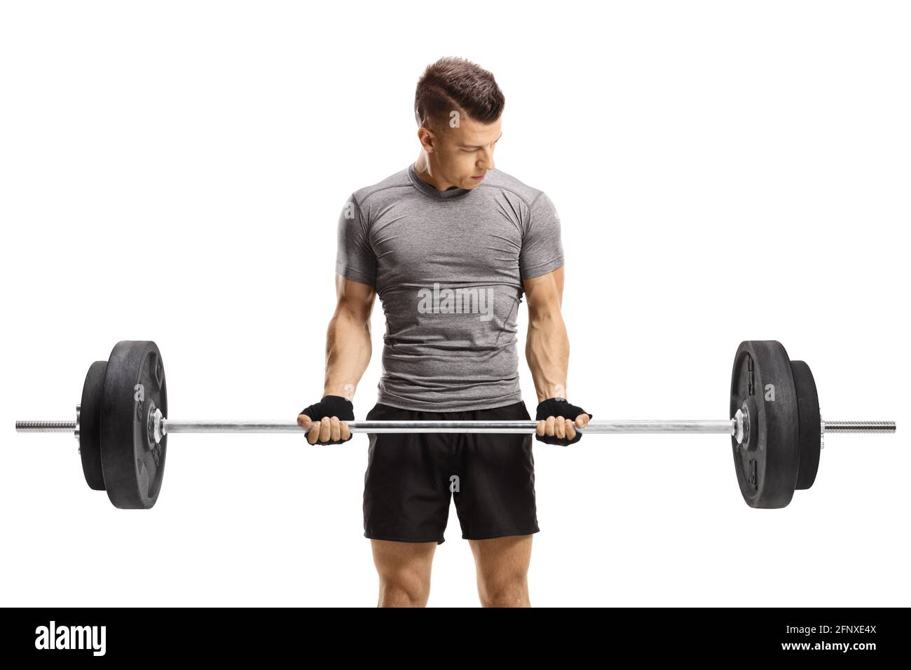 Guy lifting weights isolated on white background Stock Photo - Alamy