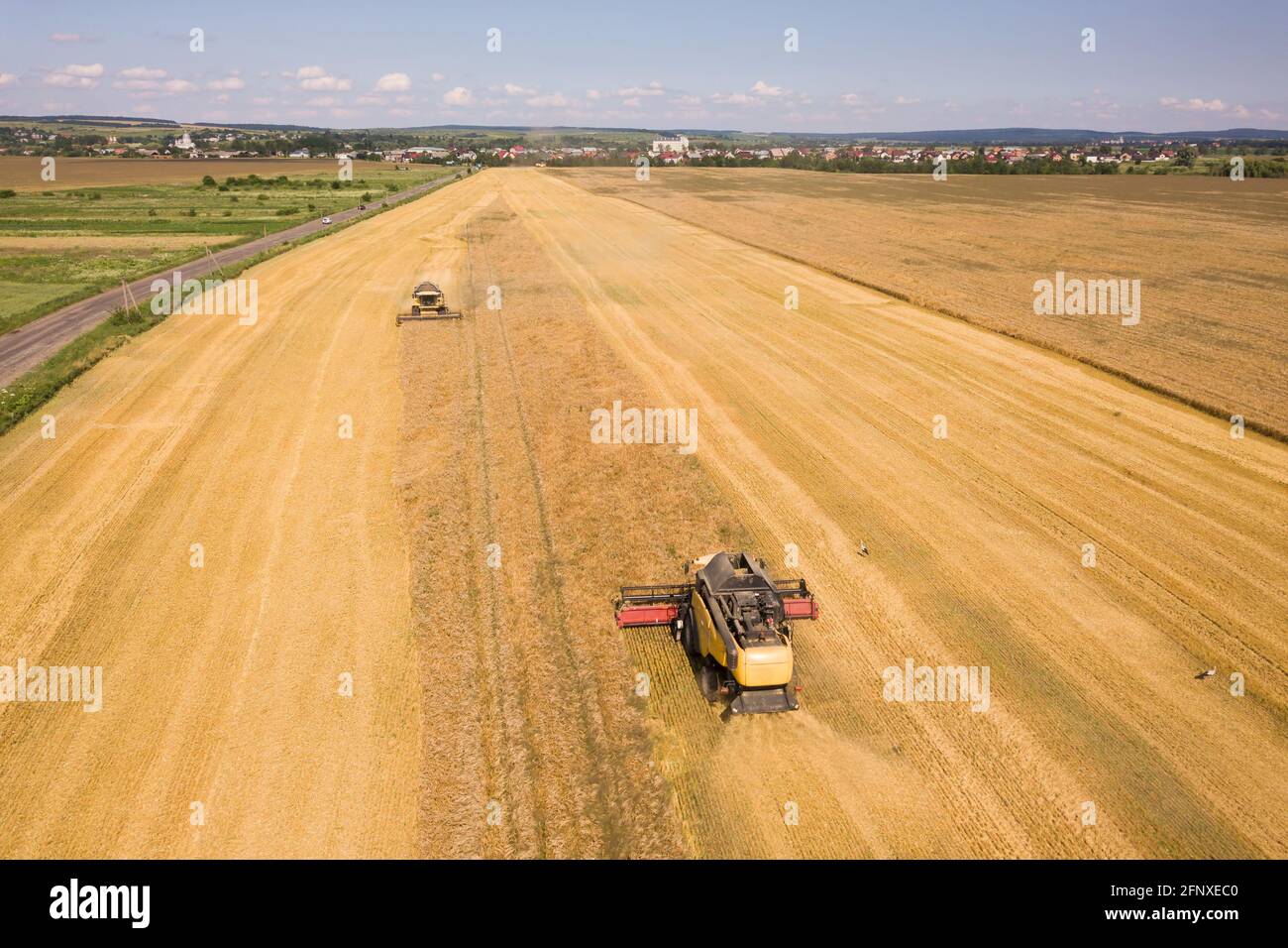 Aerial view of combine harvesters harvesting large yellow ripe wheat ...