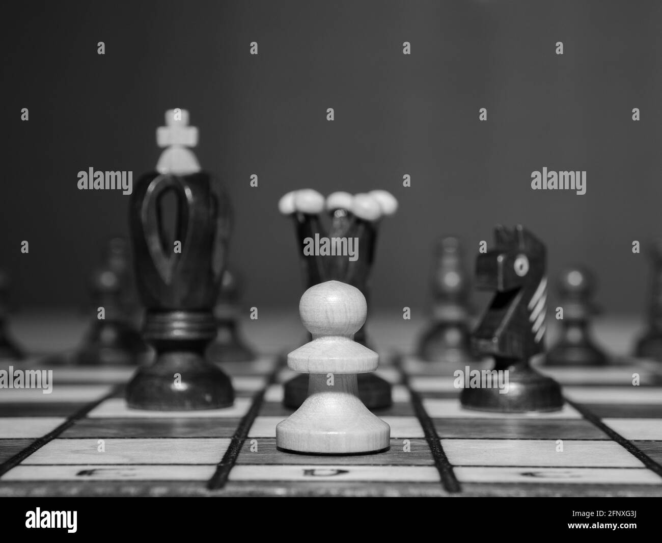 Black and white photo of a chessboard. White pawn on the background of chess pieces. Stock Photo