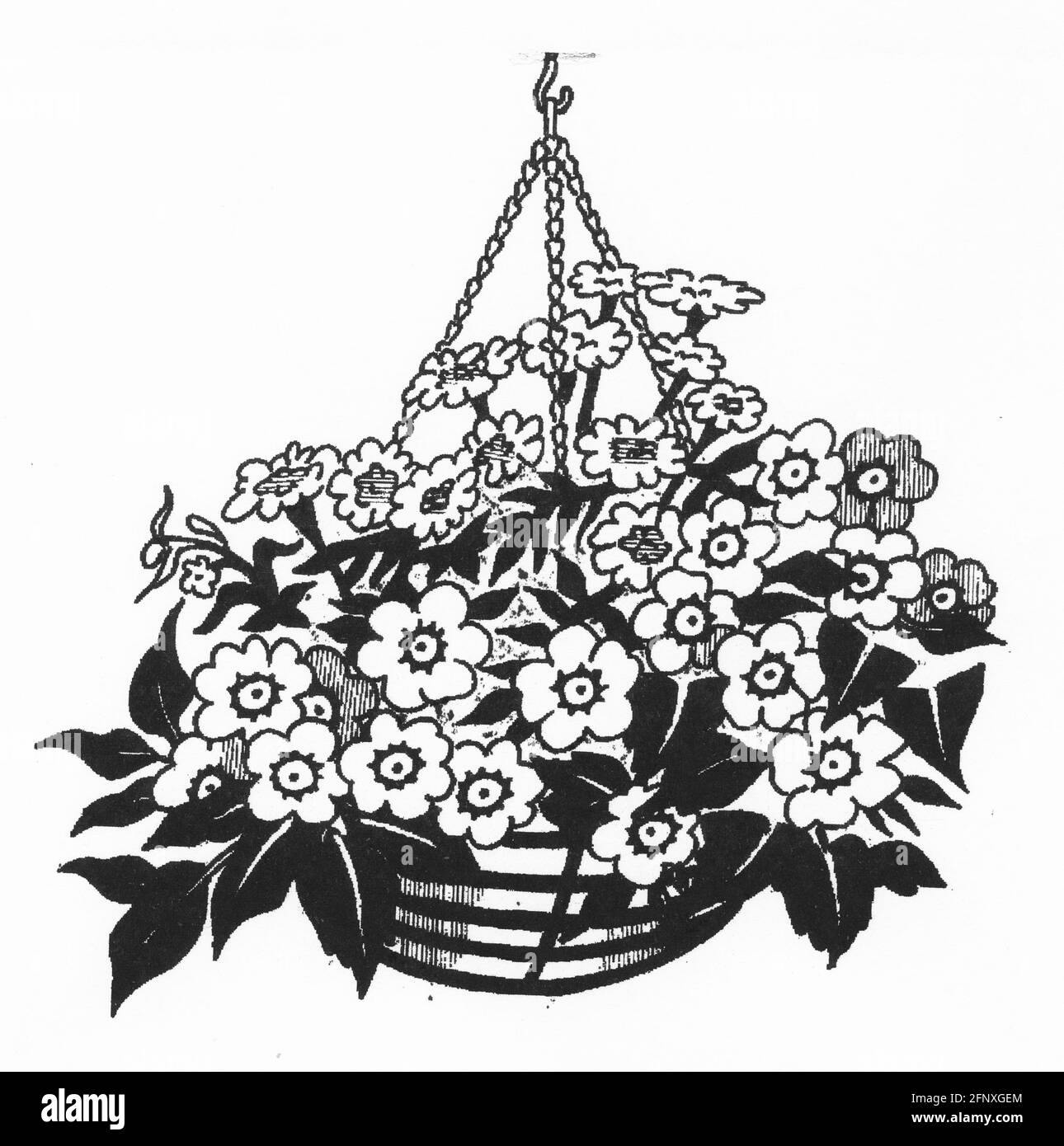 A drawing of a completed hanging basket featuring a sphagnum moss liner