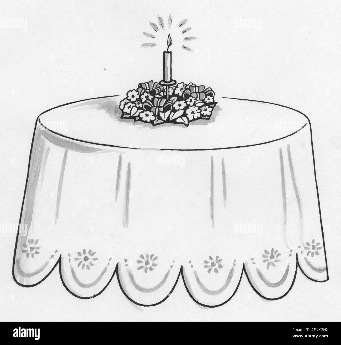 A drawing of a round table set with a flower centrepiece and a candle Stock Photo