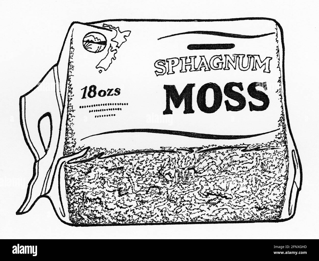 A drawing of a plastic bag of loosely packed phagnum moss for sale to home gardeners Stock Photo