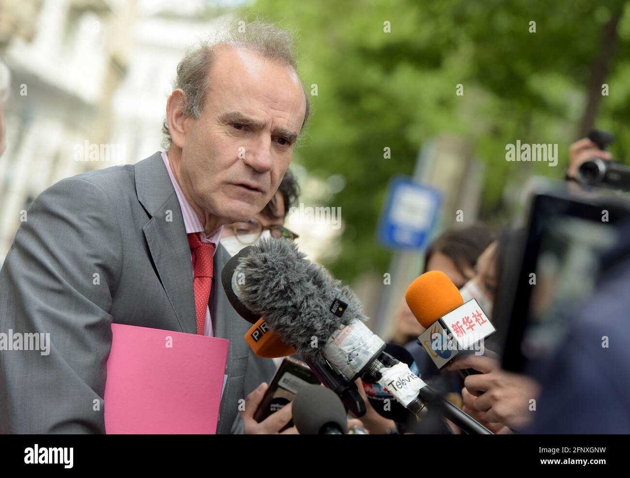 Vienna, Austria. 19th May, 2021. Enrique Mora, the deputy secretary-general and political director of the European External Action Service, is interviewed by journalists after a meeting of the Joint Commission on the Joint Comprehensive Plan of Action (JCPOA) in Vienna, Austria, on May 19, 2021. Credit: Guo Chen/Xinhua/Alamy Live News Stock Photo