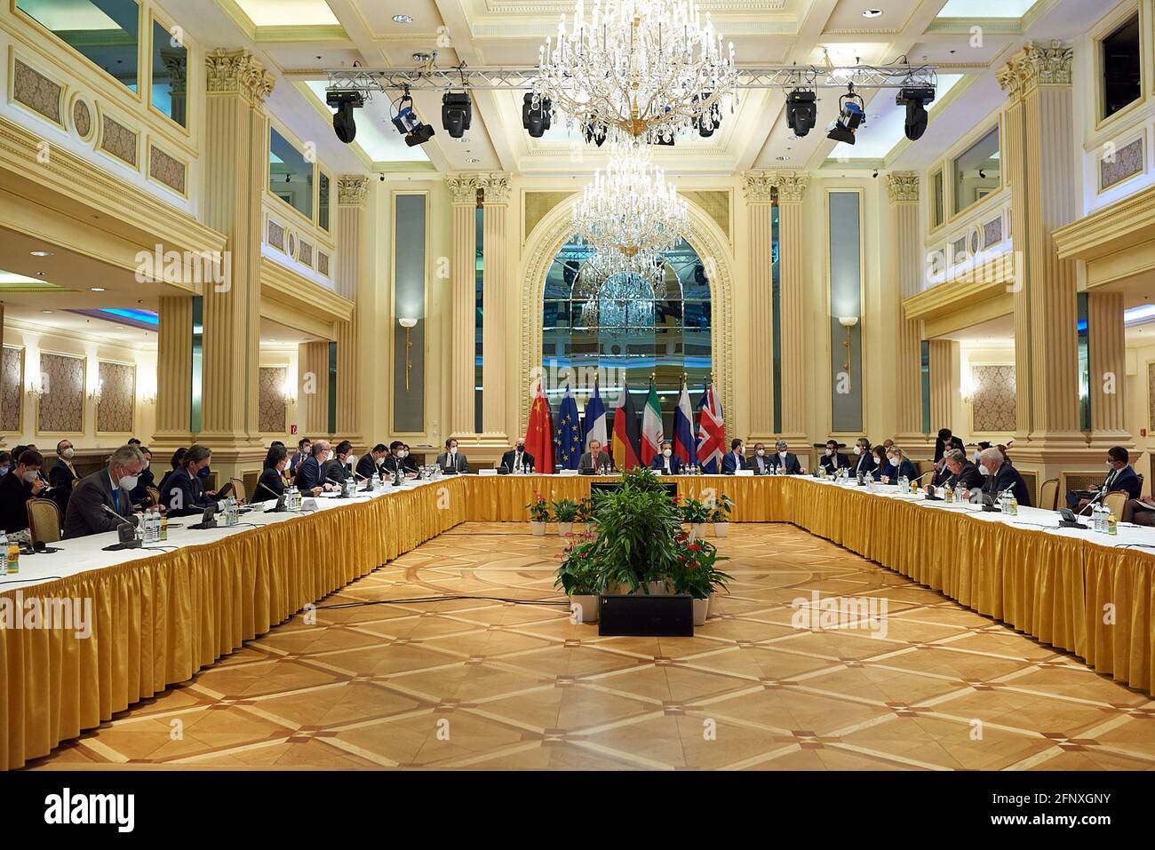 (210519) -- VIENNA, May 19, 2021 (Xinhua) -- Photo taken on May 19, 2021 shows a meeting of the Joint Commission on the Joint Comprehensive Plan of Action (JCPOA) in Vienna, Austria. (EU Delegation Vienna/Handout via Xinhua) Stock Photo