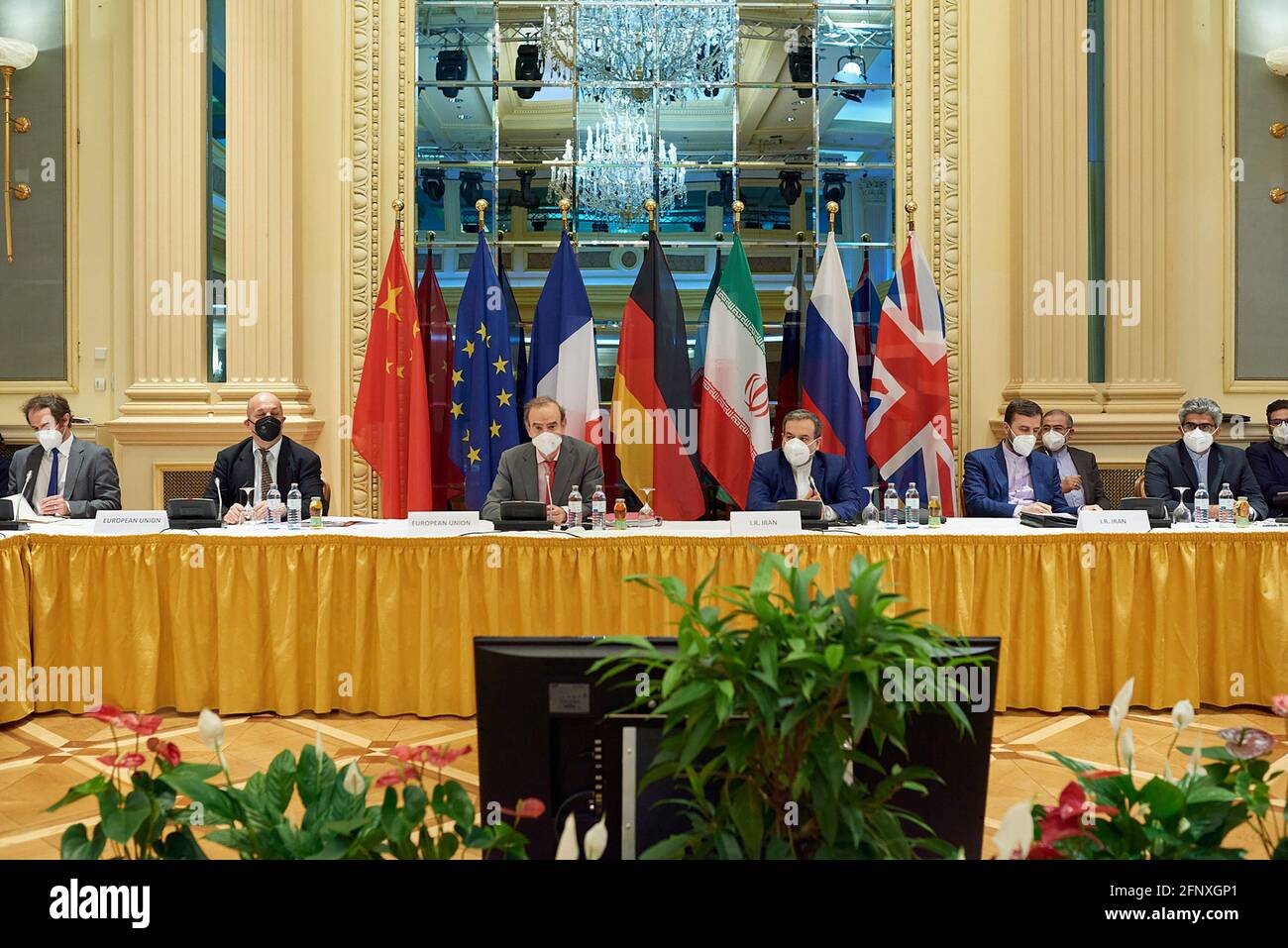 (210519) -- VIENNA, May 19, 2021 (Xinhua) -- Photo taken on May 19, 2021 shows a meeting of the Joint Commission on the Joint Comprehensive Plan of Action (JCPOA) in Vienna, Austria. (EU Delegation Vienna/Handout via Xinhua) Stock Photo