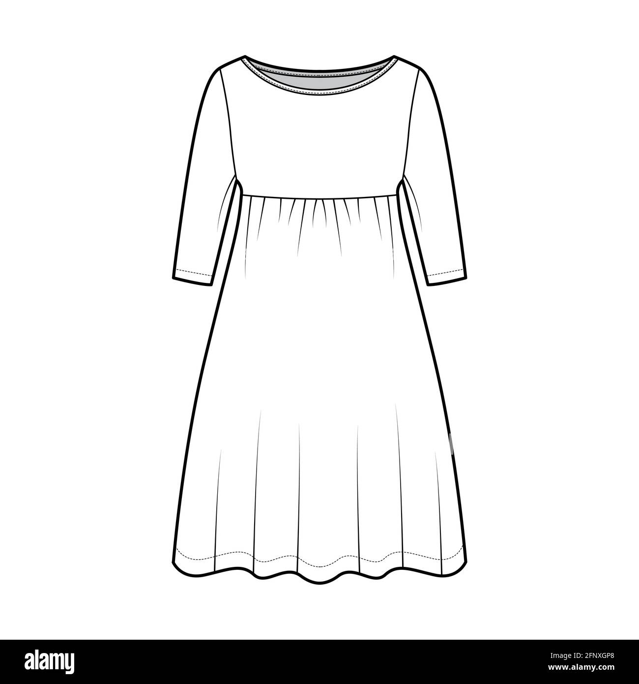 Dress babydoll technical fashion illustration with elbow sleeves, oversized body, knee length A-line skirt, boat neck. Flat apparel front, white color style. Women, men unisex CAD mockup Stock Vector