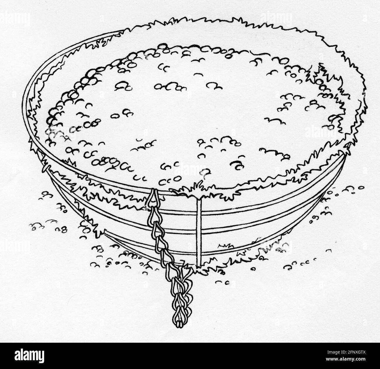 A drawing of a filled hanging basket featuring a sphagnum moss liner