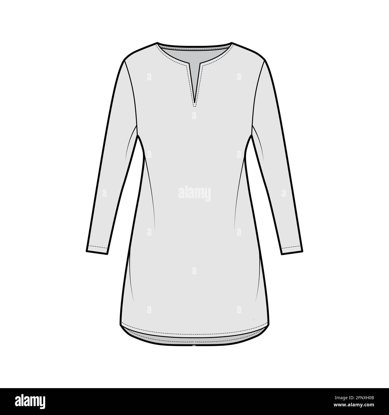 Dress tunic technical fashion illustration with long sleeves, oversized body, mini length skirt, slashed neck. Flat apparel front, grey color style. Women, men unisex CAD mockup Stock Vector