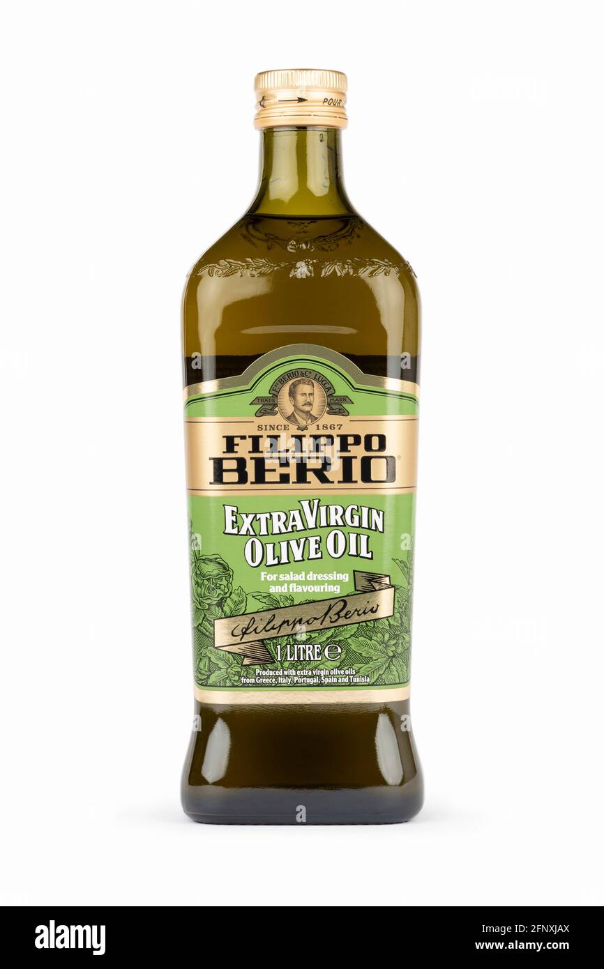 A bottle of Filippo Berio olive oil shot on a white background. Stock Photo