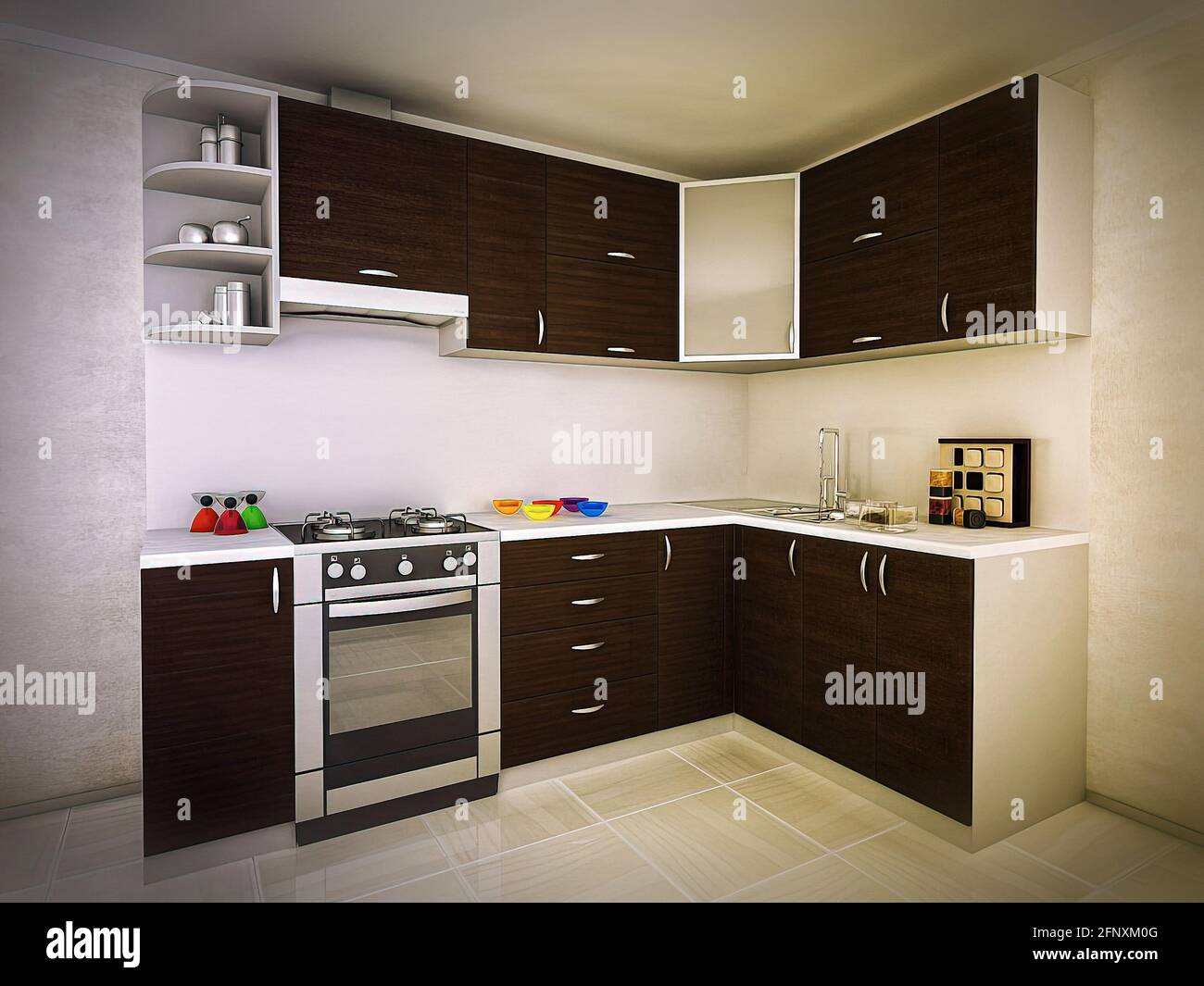 3d illustration of modern kitchen design concept in traditional