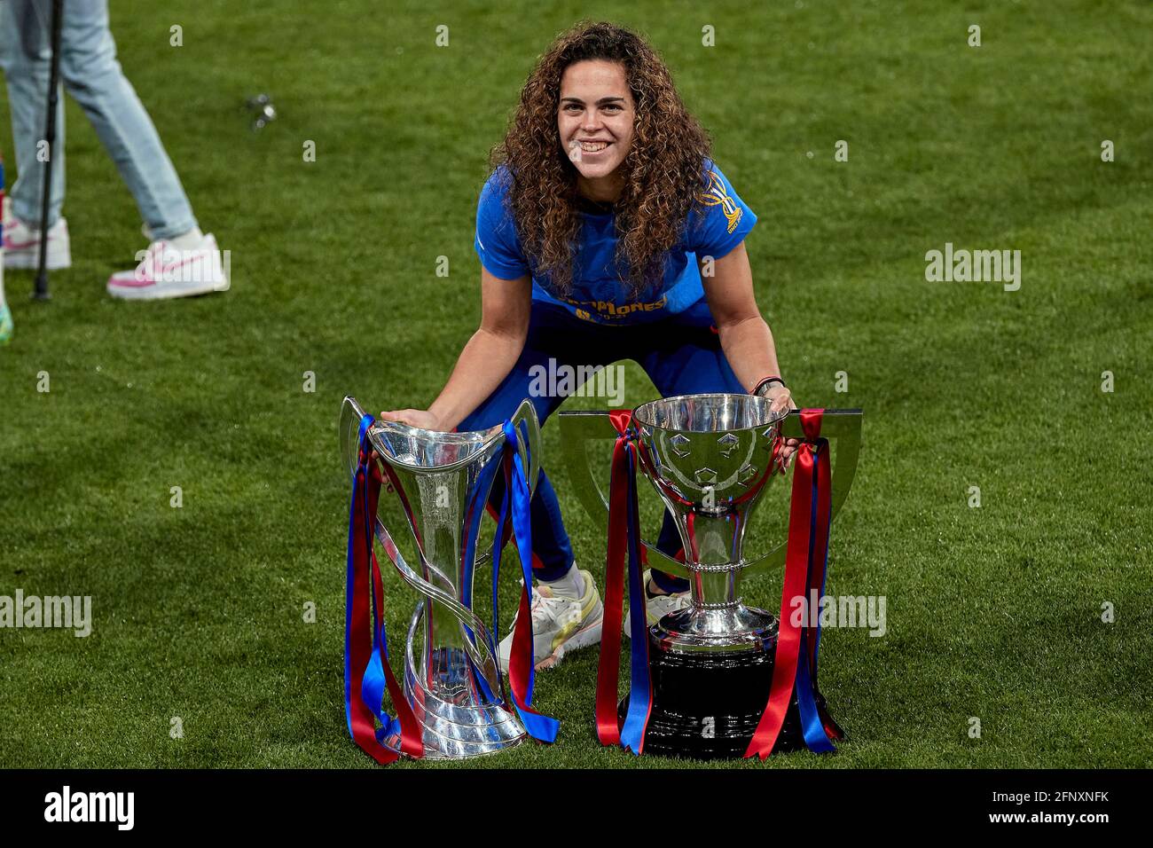 Barcelona Spain 19th May 21 Andrea Falcon Of Fc Barcelona Celebrate The Champions League And The Primera Iberdrola Tittles After The Primera Iberdrola Match Between Fc Barcelona And Athletic Club At Johan