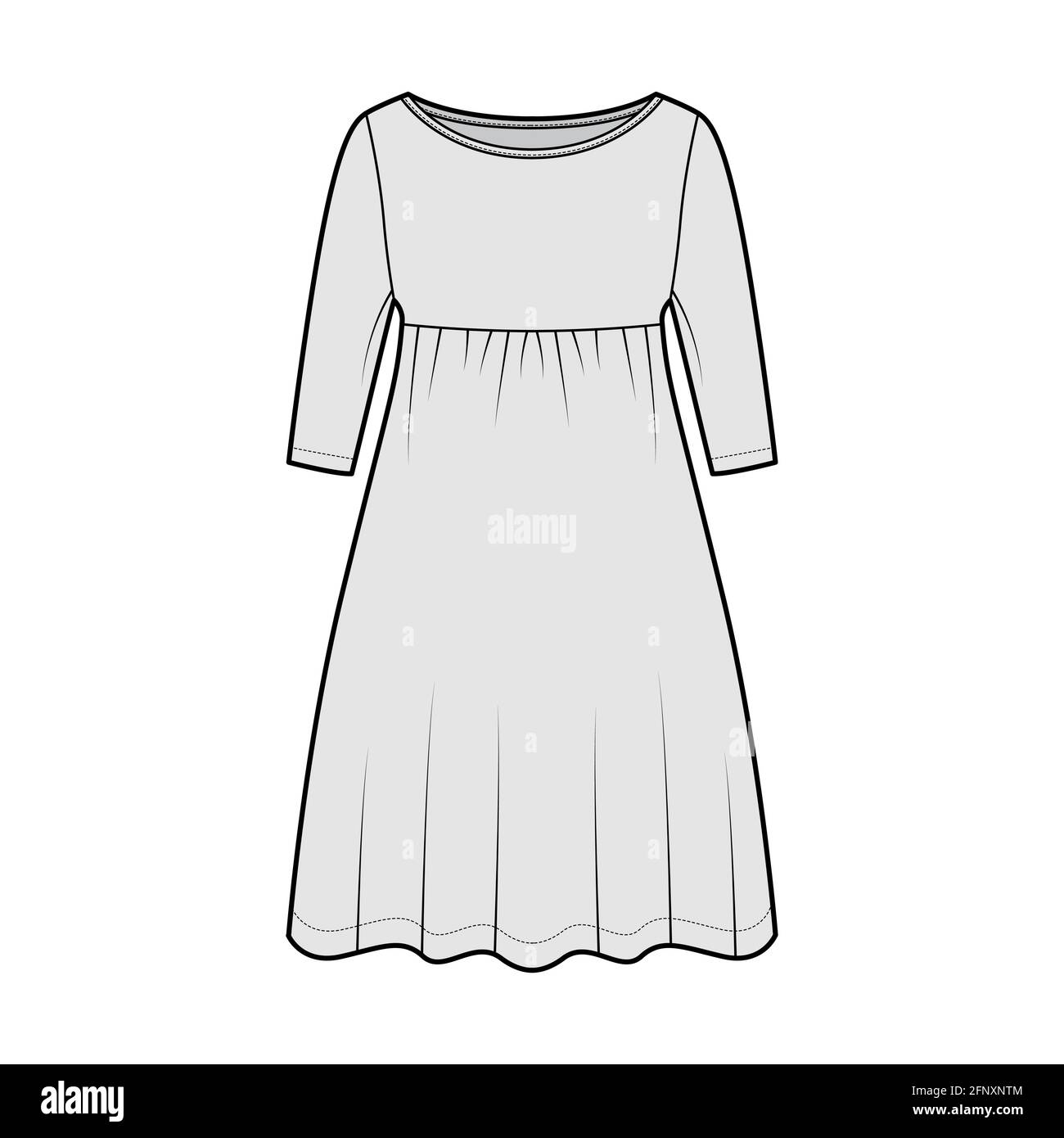 Dress babydoll technical fashion illustration with elbow sleeves, oversized body, knee length A-line skirt, boat neck. Flat apparel front, grey color style. Women, men unisex CAD mockup Stock Vector