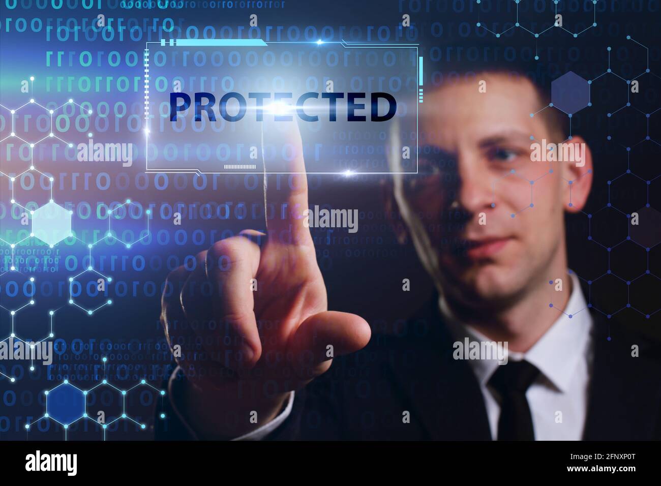 Business, Technology, Internet and network concept. Young businessman working on a virtual screen of the future and sees the inscription: Protected Stock Photo