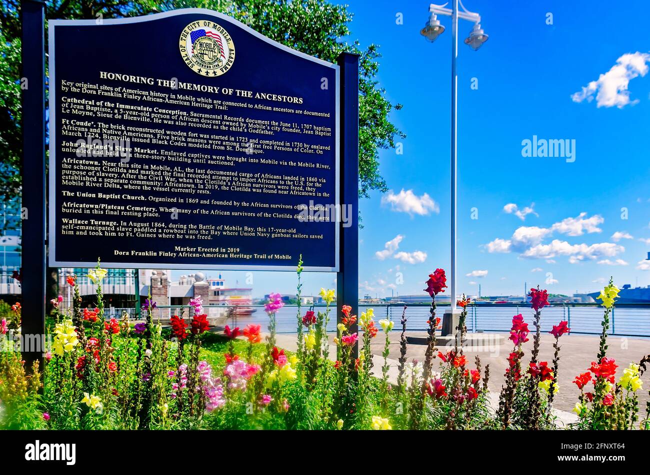 A plaque honors African ancestors at Cooper Riverside Park, May 14, 2021, in Mobile, Alabama. Stock Photo