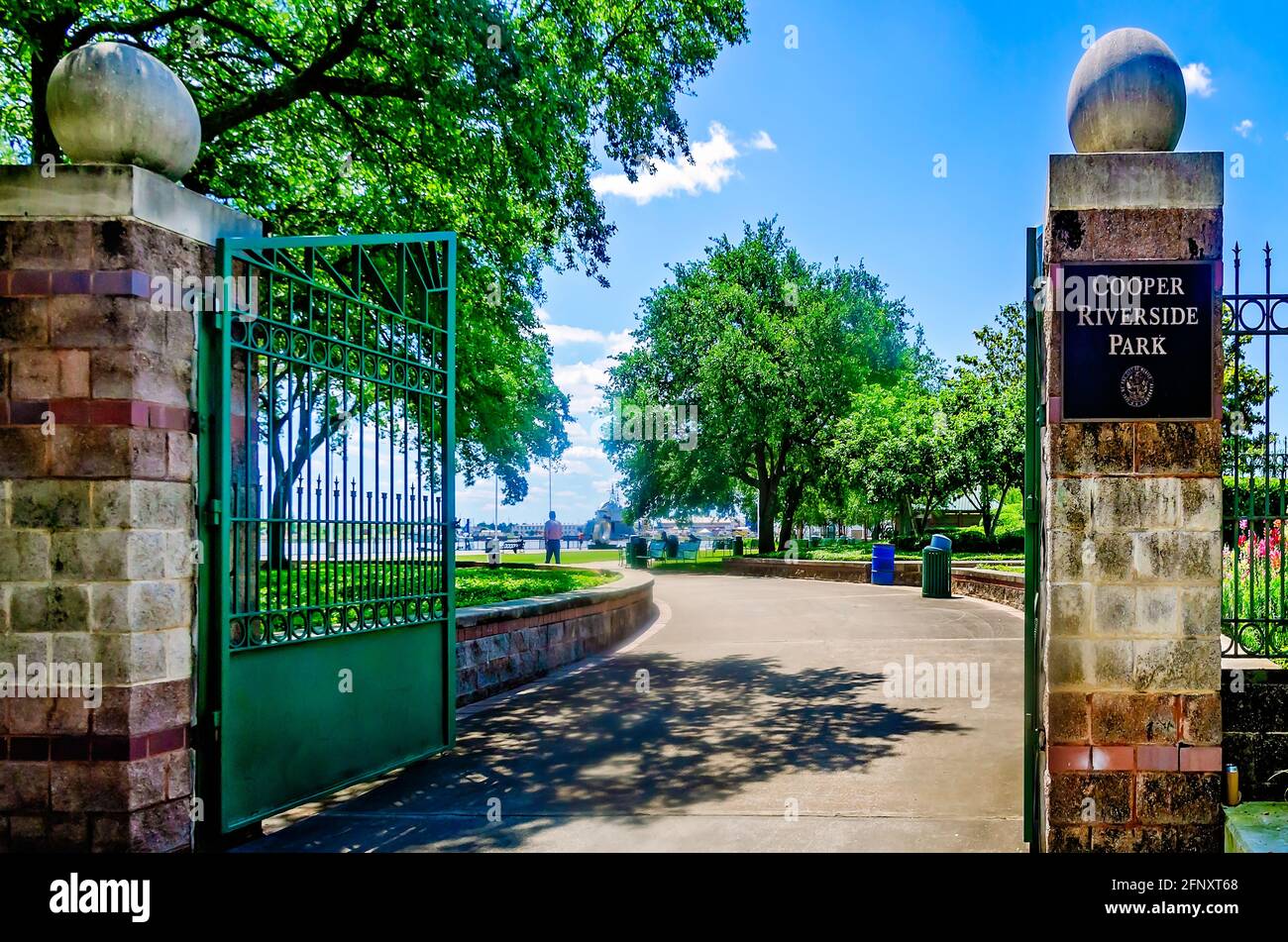The entrance to Cooper Riverside Park is pictured, May 14, 2021, in Mobile, Alabama. Stock Photo