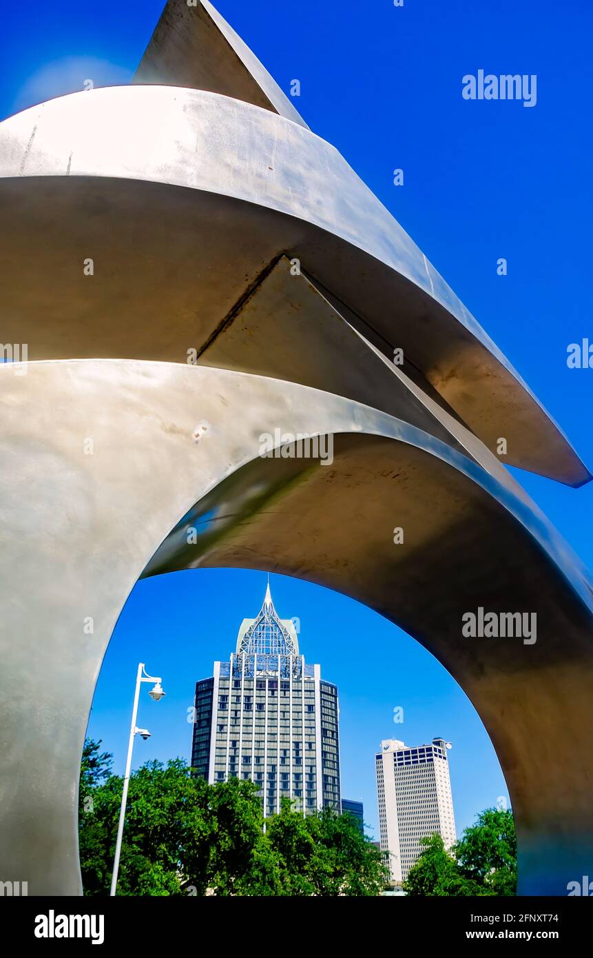 The Renaissance Riverview Plaza is seen through a sculpture, “Portal” by Casey Downing Jr., in Cooper Riverside Park, May 14, 2021, in Mobile, Alabama. Stock Photo