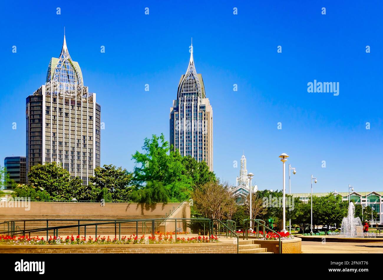 The Renaissance Riverview Plaza, RSA Battle House Tower, and Arthur R. Outlaw Convention Center are pictured from Cooper Riverside Park in Mobile, Ala. Stock Photo