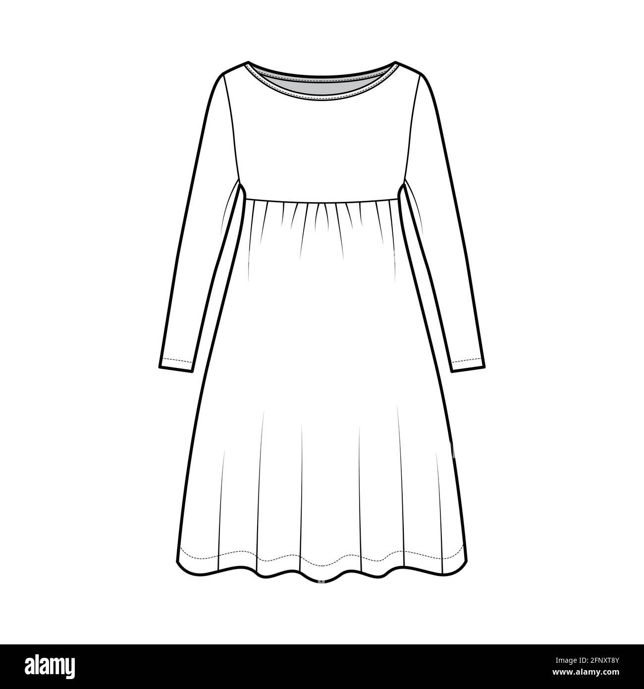 Dress babydoll technical fashion illustration with long sleeves, oversized body, knee length A-line skirt, boat neck. Flat apparel front, white color style. Women, men unisex CAD mockup Stock Vector