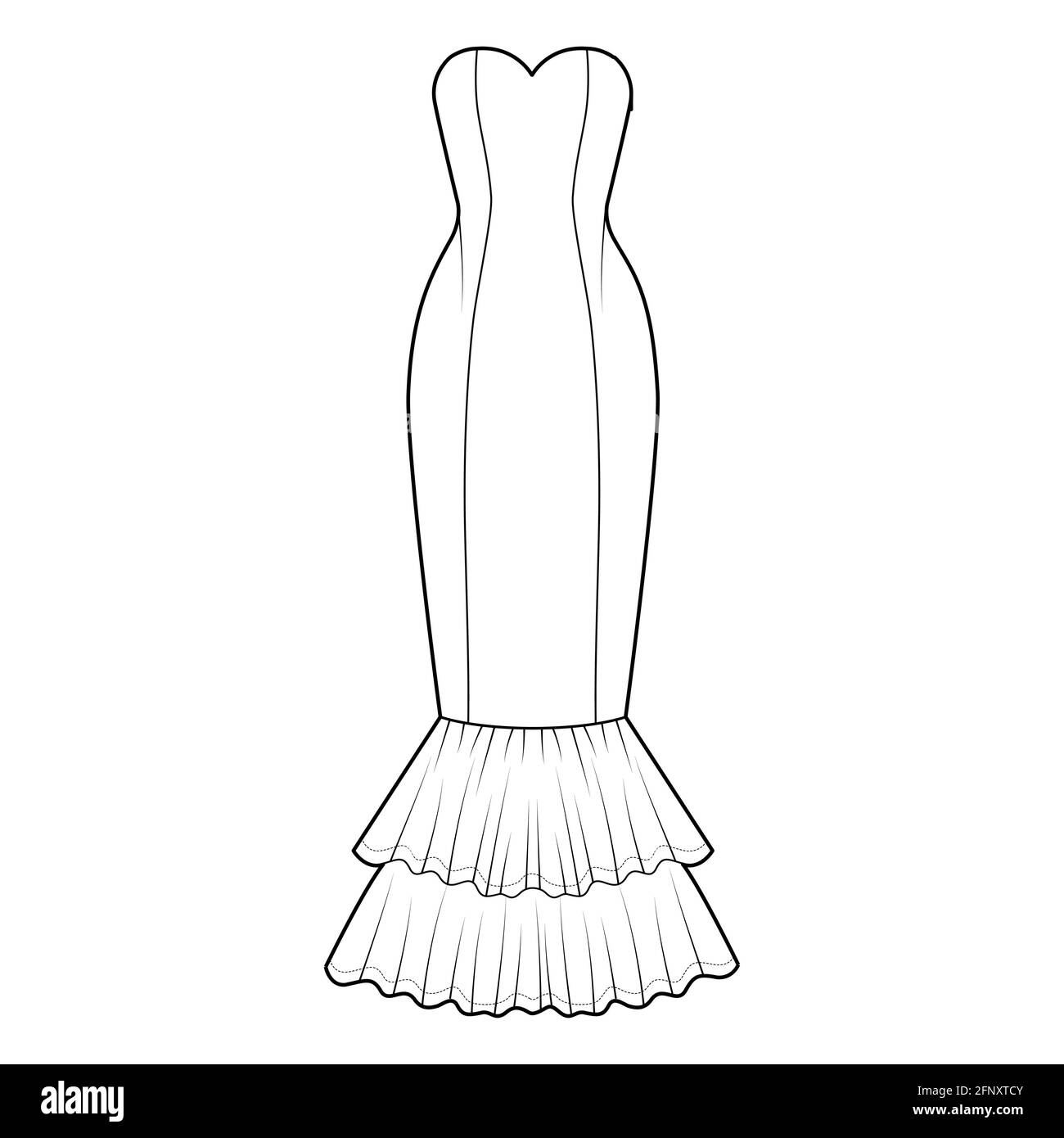 Dress mermaid technical fashion illustration with strapless sweetheart  neckline, fitted body, floor maxi length circular skirt. Flat evening  apparel front, white color style. Women, unisex CAD mockup Stock Vector  Image & Art -