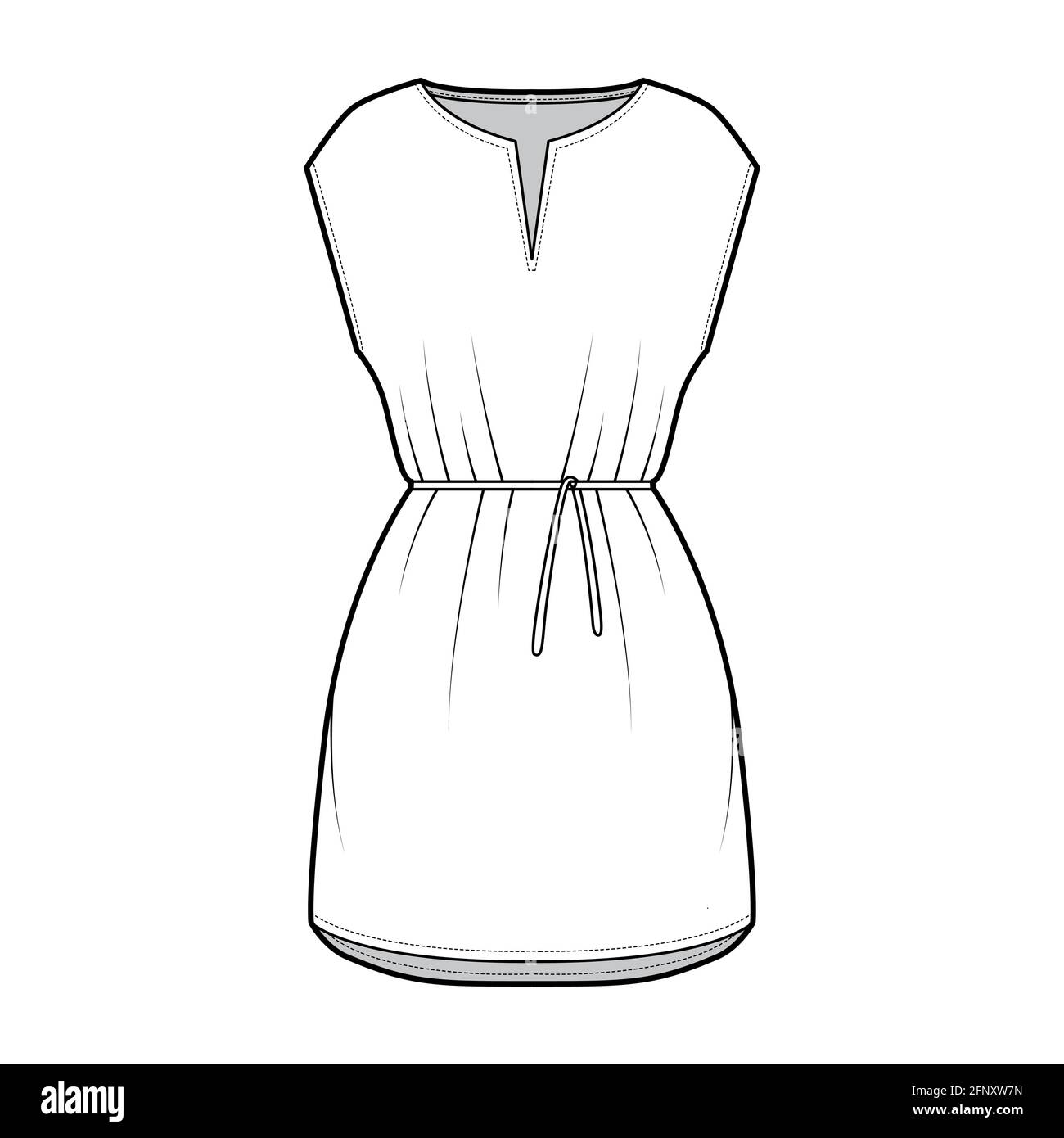 Dress tunic technical fashion illustration with tie, sleeveless, oversized body, mini length skirt, slashed neck. Flat apparel front, white color style. Women, men CAD mockup Stock Vector